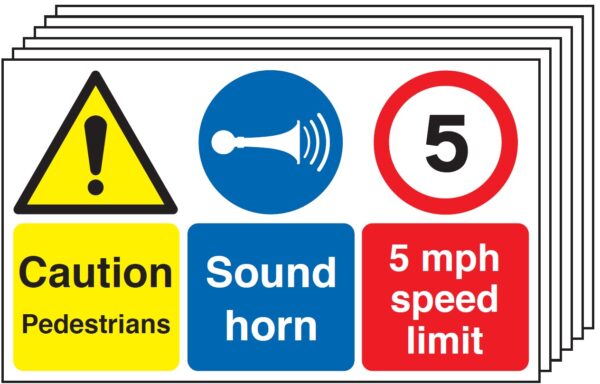 6PMS01029R - 300x500mm Caution Pedestrians Sound Horn 5mph Speed Limit - Rigid Pk of 6