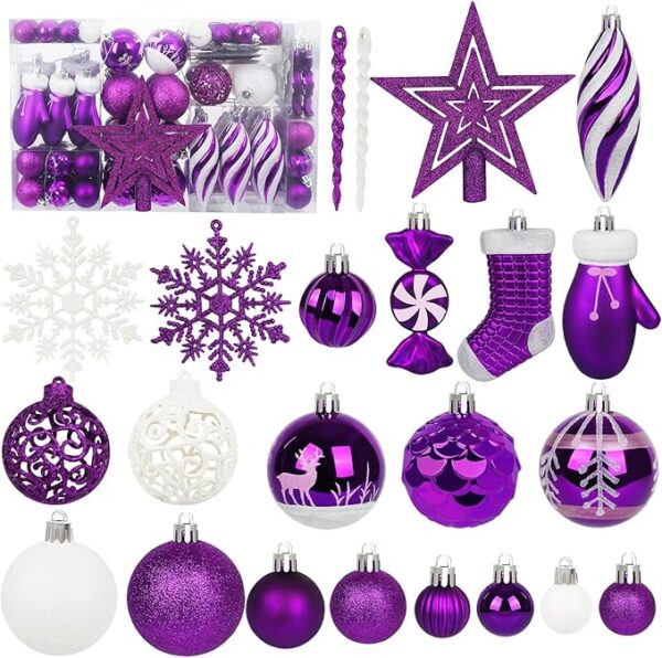 Miaikoe 135 Pcs Christmas Ball Ornaments Set, Shatterproof Plastic Assorted Pre-tied Christmas Balls for Xmas Tree Hanging Decorations Festival Party Holiday Decor (Purple)