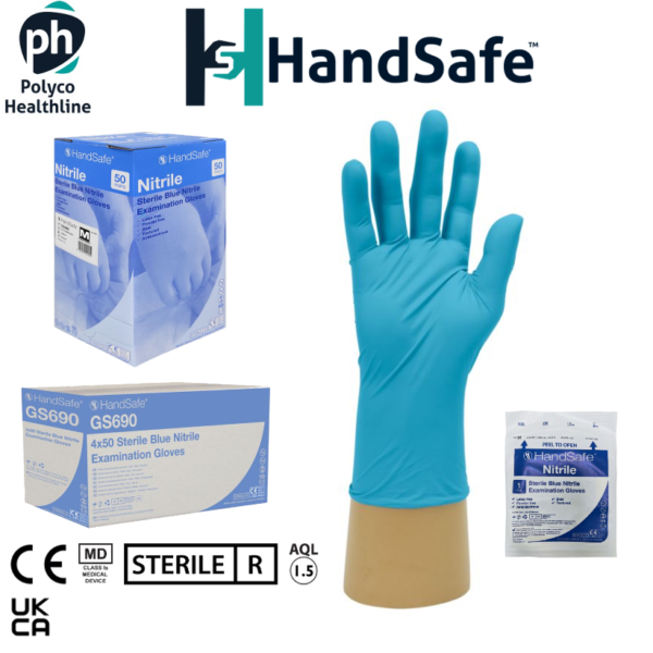 GS690 NHS Listed Product Powder Free Sterile Blue Nitrile Gloves Box of 50 Pairs