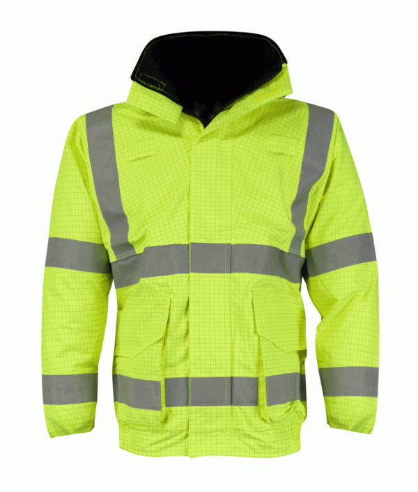 ATOLL: HYDRA MATRIX BOMBER JACKET YELLOW PU Coated 100% Polyester 300D Waterproof, Anti-Static and FR Fabric.