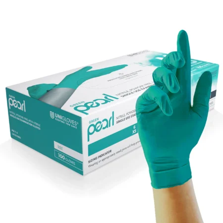 P-GP004X, Green Pearl, Green, medical grade, medium weight nitrile examination gloves, Food approved, AQL 1.5