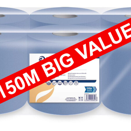 Standard Blue Embossed Centre Feed Rolls, 2PLY, 150m length, width 175mm Pack of 6 Big value