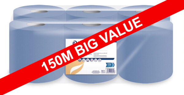Standard Blue Embossed Centre Feed Rolls, 2PLY, 150m length, width 175mm Pack of 6 Big value