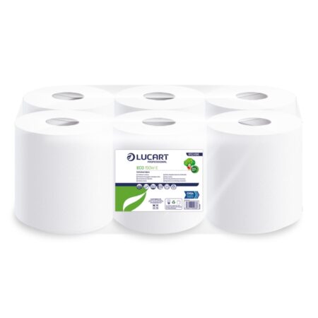 852496 - Lucart White Embossed Recycled C/feed Rolls 2ply 150m x 17.5cm 6/case