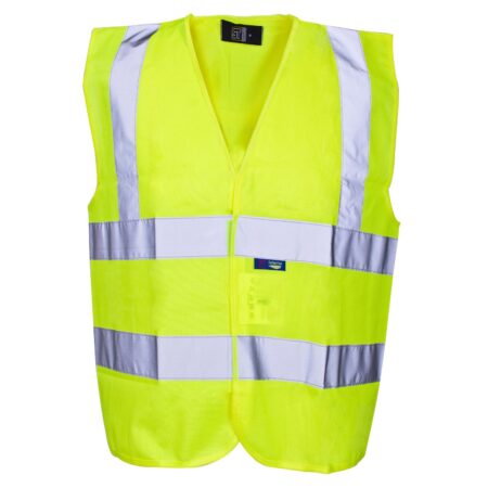 Hi Vis Yellow Builders Vest- shorter length,  it can sit just above a toolbelt