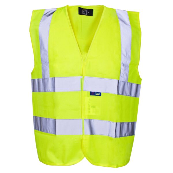 Hi Vis Yellow Builders Vest- shorter length,  it can sit just above a toolbelt