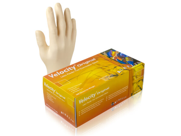 Aurelia® Velocity Original® Premium Natural Powder-Free Latex Gloves – Box of 100