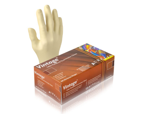 Aurelia® Vintage® Lightly Powdered Latex Examination Gloves. 100 Pairs per Box, Sold in Boxes.